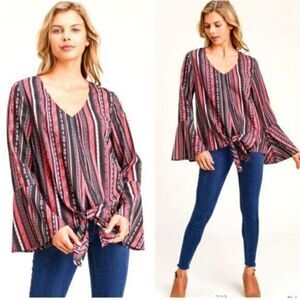 Jodifl Bell Sleeve V-Neck Blouse Black & Red NEW
